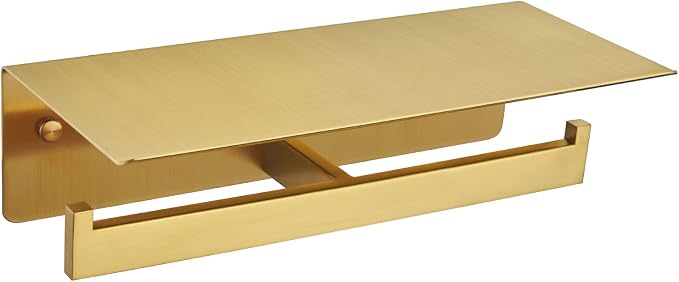 APLusee Brushed Gold Double Toilet Paper Holder with Shelf, Heavy Duty 304 Stainless Steel Tissue Holder for Bathroom with Storage, Commercial Paper Roll Dispenser Wall Mounted