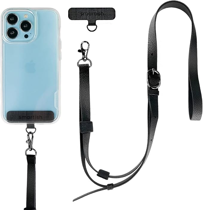 Smartish Phone Lanyard - Case Clinger - Universal iPhone Holder w/Detachable Crossbody Shoulder Neck Strap Compatible w/All Phone Cases - Adjustable Black Vegan Leather