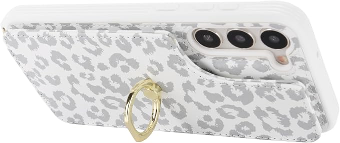 Lipvina for Samsung Galaxy S22 Case with Card Holder and Strap for Women,Crossbody Lanyard,RFID Blocking,Ring Stand,Snap Clasp,Cute Phone Wallet Cases 6.1 inch(White Leopard)