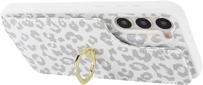 Lipvina for Samsung Galaxy S22 Case with Card Holder and Strap for Women,Crossbody Lanyard,RFID Blocking,Ring Stand,Snap Clasp,Cute Phone Wallet Cases 6.1 inch(White Leopard)