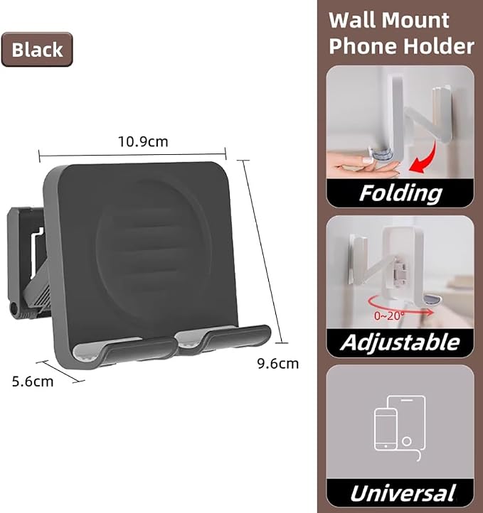Upgraded Wall Mount Shower Phone Holder with 3pcs Adhesive Stickers | Adjustable and Removable Cell Phone Stand for Bathroom Bedroom Kitchen | Compatible with All Phone and Tablet (Black)
