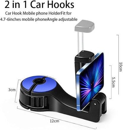Upgraded 2 Pack Car Headrest Hidden Hook 2 in 1 Car Seat Hooks with Phone Holder for Purses and Bags, Universal 360° Rotation Headrest Hooks Purse Holder for Car, Car Purse Hook Holder (Blue)