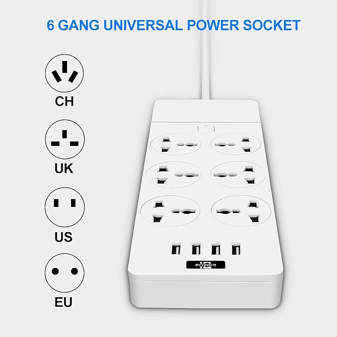 Universal Power Strip with 6 Oulets and 4 USB, 6.5ft Extension Cord 3000W Universal Power Strip Surge Protector 110V-250V Extension Lead for Home Office Dorm Room (White)
