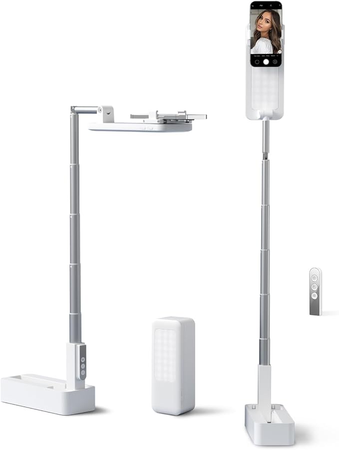 Phone Stand for Recording, Overhead Phone Mount with Light, Selfie Stand,Portable,Extendable,360° Rotate,Adjustable,Wireless Remote,Rechargeable, for 3.5-6.9" Phones, Live Streaming, White