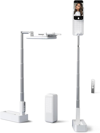 Phone Stand for Recording, Overhead Phone Mount with Light, Selfie Stand,Portable,Extendable,360° Rotate,Adjustable,Wireless Remote,Rechargeable, for 3.5-6.9" Phones, Live Streaming, White