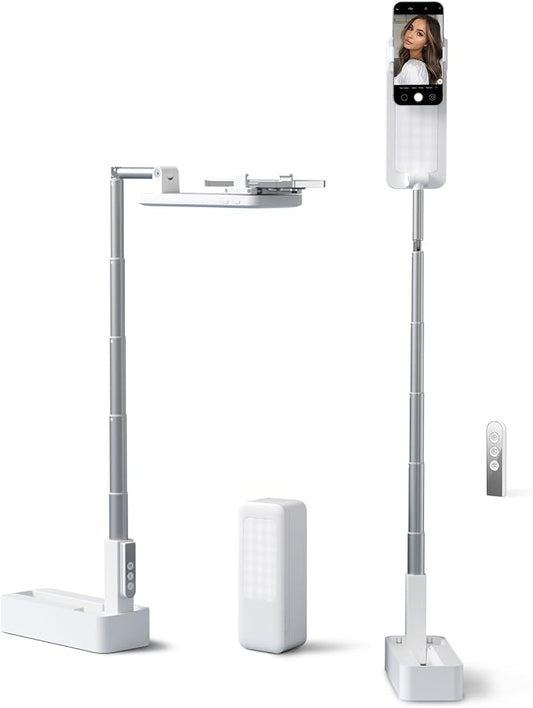Phone Stand for Recording, Overhead Phone Mount with Light, Selfie Stand,Portable,Extendable,360° Rotate,Adjustable,Wireless Remote,Rechargeable, for 3.5-6.9" Phones, Live Streaming, White