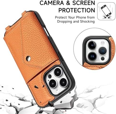 LUCKYCOIN for iPhone 16 Pro Crossbody Wallet Case – Genuine Leather Phone Purse with Adjustable Strap and Card Holder,Lanyard Phone Purse Case for Women,Pebble Grain Brown