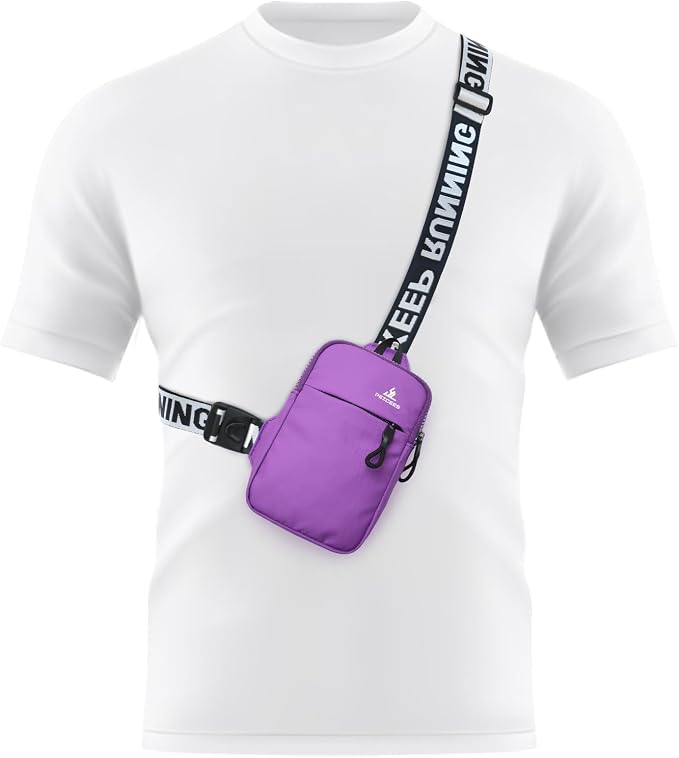 Peicees Mini Crossbody Sling Bag Chest Bag Dual Pocket Water Resistant Fanny Pack Running Phone Holder for Men Women Workout Travel, Purple