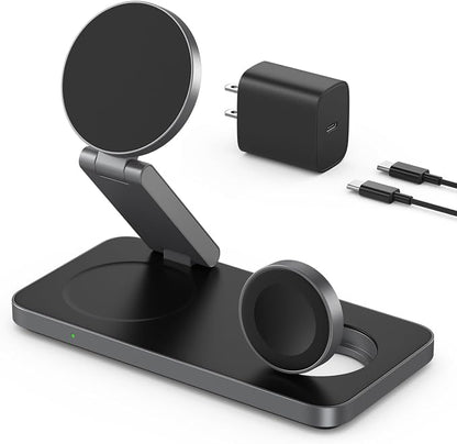 VBA 3 in 1 Wireless Charging Station for Apple MagSafe Charger,Foldable Fast Charging Magnetic Wireless Charger Stand,Travel Charger for iPhone 17 Air 16 15 14 13 12,Apple Watch,AirPods (Black)