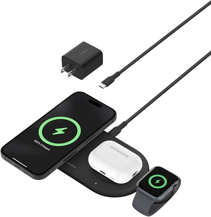 Belkin 3-in-1 MagSafe-Compatible Wireless Charging Pad with Qi2 15W - iPhone Charger - Fast Charging Wireless Charging Station for iPhone 17, 16, & 15 Series, AirPods, Apple Watch, & More - Black