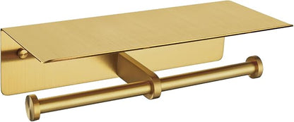 APLusee Brushed Gold Double Toilet Paper Holder with Shelf, Heavy Duty 304 Stainless Steel Tissue Roll Holder, Commercial Paper Dispenser Wall Mounted