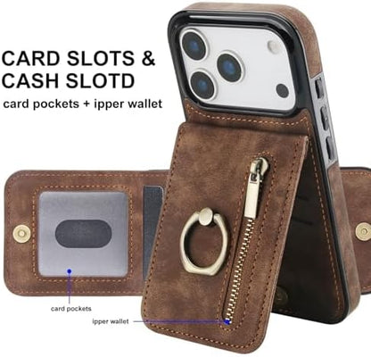 Leather Cover for iPhone 17/17 Pro/17 Air/17 Pro Max, RFID Blocking Wallet Case with Ring Stand Function Retro Anti-Fall Protection Shell,17pro max,Black