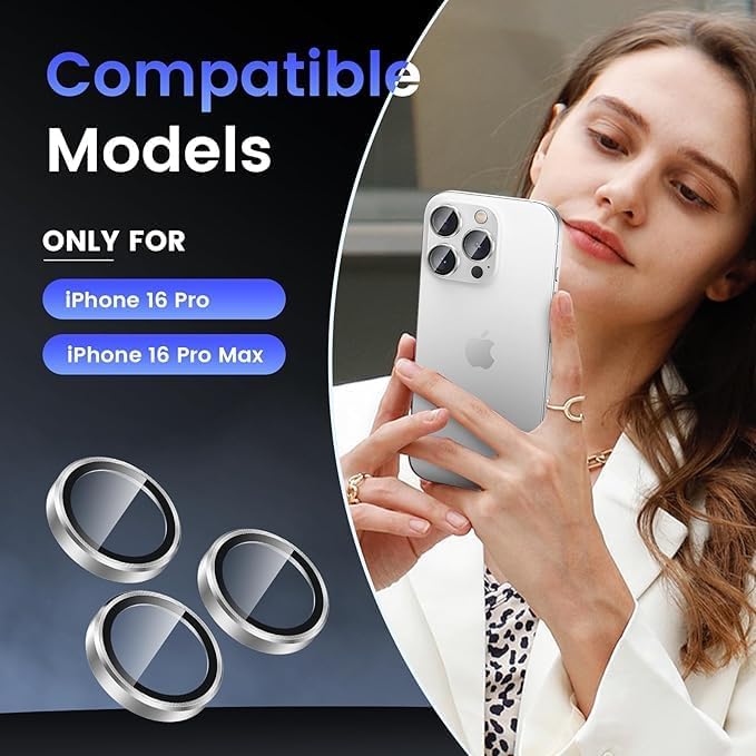 for iPhone 16 Pro/iPhone 16 Pro Max Camera Lens Protector Anti-Scratch Lens Cover, 9H+ Tempered Glass Camera Screen Protector, HD View w/Night Shoot, Shatterproof, White Titanium