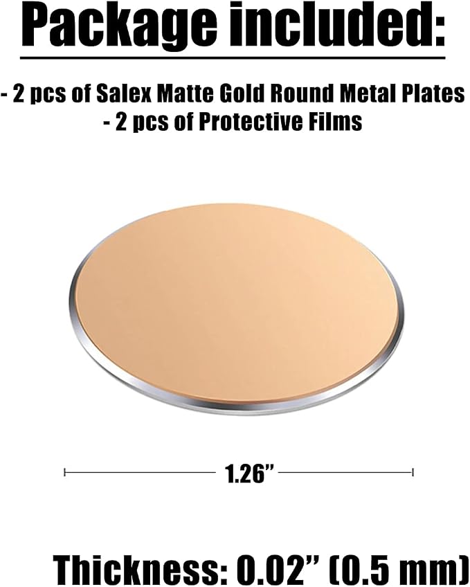SALEX Replacement Metal Plates Set for Magnetic Car Phone Holders, Wall & Air Vent Mounts, Cases, Magnets. Kit of 2 Matte Gold Round Iron Discs Without Holes. 3M Adhesive Backing. Steel Disks 2 Pack.