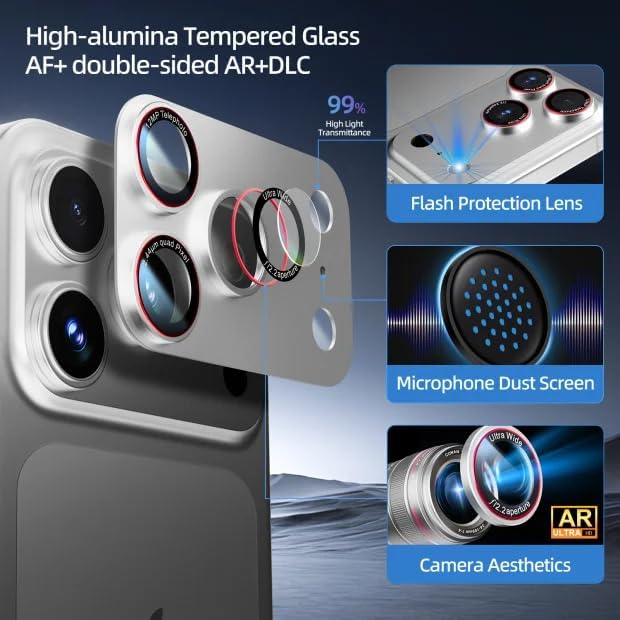 9H High-alumina Tempered Glass Camera Lens Protector for iPhone 17 Pro Max, Military-Grade Shatterproof with Strong Adsorption, Full Coverage Case-Friendly Cover (Silver, iPhone 17 Pro Max - 2 Pack)