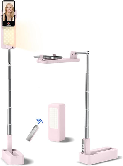 Overhead Phone Stand for Recording,Overhead Phone Mount, Foldable/Extendable/Rechargeable Phone Stand with Light&Wireless Remote, for Photo/Vlog Kit/Tiktok/Unboxing Video,Cooking.P