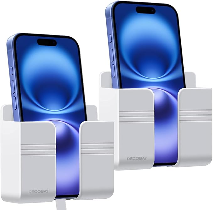 2 Pack Wall Phone Holder, Adhesive Phone Wall Mount with Cable Hole, Bathroom Bedside Kitchen RV Phone Holder Compatible with iPhone, Android Phones and Remote Controls (White)