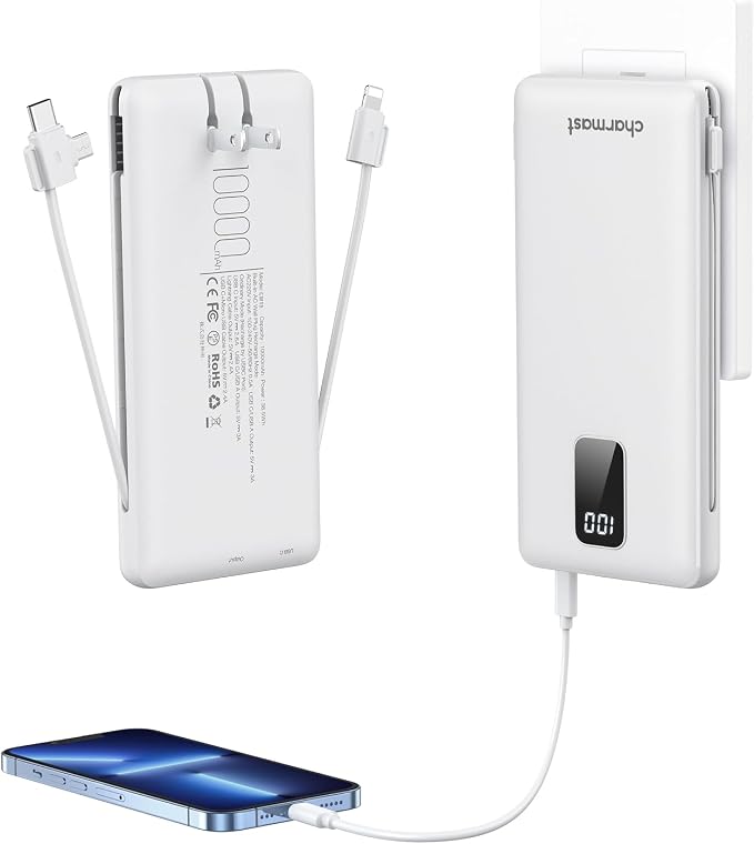 charmast Portable Charger with Built-in Cables and Plug, 10000mAh USB C Power Bank Fast Charging, External Battery Pack Slim, Travel Essentials Compatible with iPhones, Samsung Galaxy, iPad (Navy)