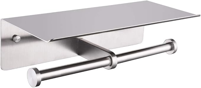 Double Toilet Paper Holder with Shelf Brushed Nickel, APLusee SUS 304 Stainless Steel Contemporary Tissue Roll Holder Mobile Phone Storage Rack