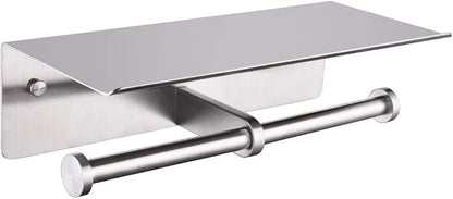 Double Toilet Paper Holder with Shelf Brushed Nickel, APLusee SUS 304 Stainless Steel Contemporary Tissue Roll Holder Mobile Phone Storage Rack