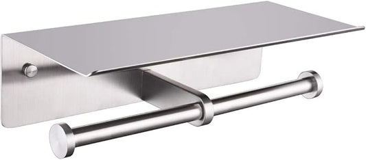 Double Toilet Paper Holder with Shelf Brushed Nickel, APLusee SUS 304 Stainless Steel Contemporary Tissue Roll Holder Mobile Phone Storage Rack