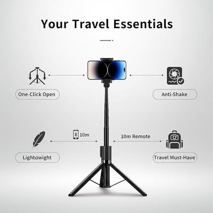 Selfie Stick Tripod for iPhone & Android, Portable Phone Tripod Stand with Bluetooth Remote, One-Click Open, Compact & Lightweight, All-in-1 for Vlog/Travel/Photography (Black)
