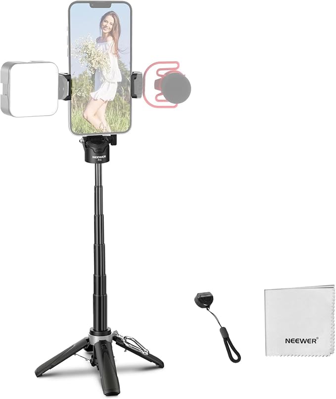 NEEWER Selfie Stick Tripod for iPhone, Lightweight Foldable Mini Travel 360° Desk Stand with Cell Phone Holder Cold Shoe for Video Recording Vlog Streaming, Remote Shutter & Cleaning Cloth, P15 Black