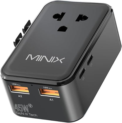 MINIX 45W Universal Travel Adapter, 5-Port Charger for Europe, US, UK & AU | GaN III International Power Adapter Slim PD Fast Charger (1AC, 2 USB-C, 2 USB-A) for Business Travel, Not a Voltage Converter