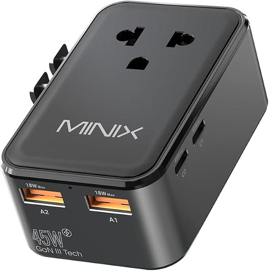 MINIX 45W Universal Travel Adapter, 5-Port Charger for Europe, US, UK & AU | GaN III International Power Adapter Slim PD Fast Charger (1AC, 2 USB-C, 2 USB-A) for Business Travel, Not a Voltage Converter
