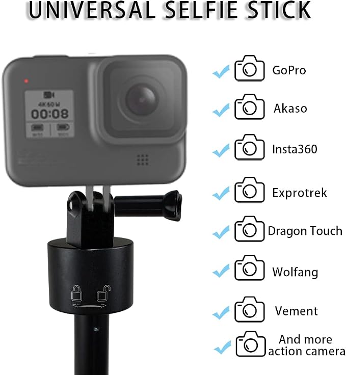 15-66.2 inch Invisible Long Selfie Stick,1/4" Extended Monopod Pole Compatible with GoPro Hero 13 12 11 10 9 8 Insta360 X5 X4 DJI Osmo 360/Action 6 5 Pro 4 AKASO EK7000 Brave 4 7 LE ODDV Action Camera