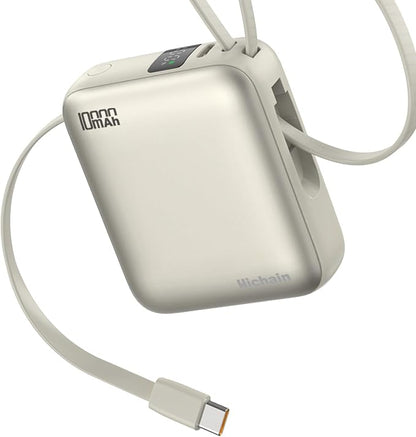 Hichain Small Portable Charger with Built in Cables LED Display Gold | Mini Power Bank 10000mAh 22.5W USB-C Fast Charging Battery Pack, Travel Essential Power Bank for iPhone, Samsung, Android