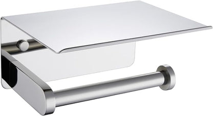 APLusee Toilet Paper Holder with Phone Shelf Polished Chrome, SUS 304 Stainless Steel Bathroom Accessories Tissue Roll Dispenser Storage Wall Mounted