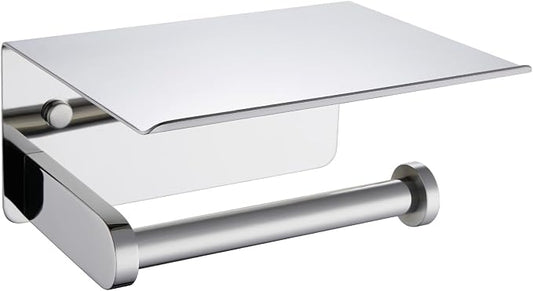 APLusee Toilet Paper Holder with Phone Shelf Polished Chrome, SUS 304 Stainless Steel Bathroom Accessories Tissue Roll Dispenser Storage Wall Mounted