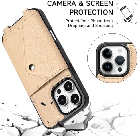 LUCKYCOIN for iPhone 16 Pro Max Crossbody Wallet Case – Genuine Leather Phone Purse with Adjustable Strap and Card Holder,Lanyard Phone Purse Case for Women,Pebble Grain Beige