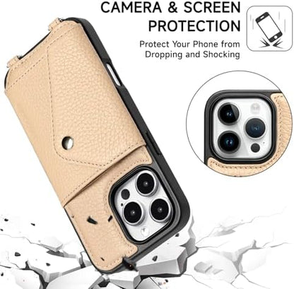 LUCKYCOIN for iPhone 16 Pro Max Crossbody Wallet Case – Genuine Leather Phone Purse with Adjustable Strap and Card Holder,Lanyard Phone Purse Case for Women,Pebble Grain Beige