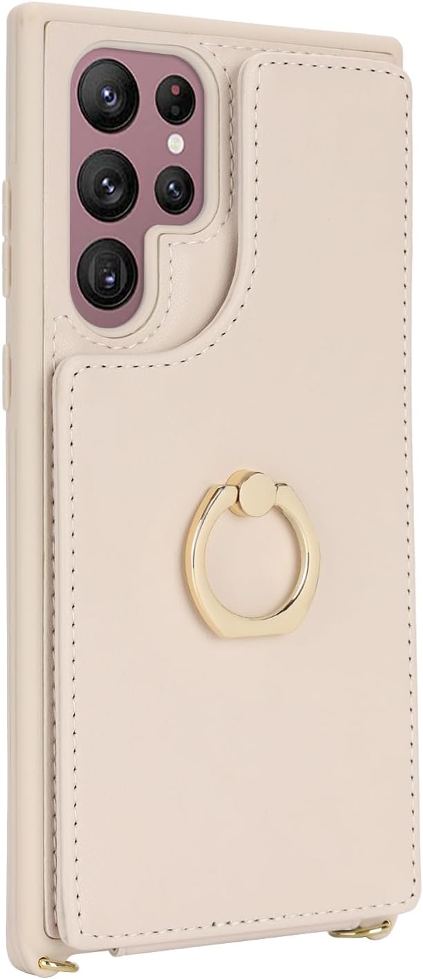 Lipvina for Samsung Galaxy S22 Ultra Case with Card Holder and Strap for Women,Crossbody Lanyard,RFID Blocking,Stand Ring Kickstand,Snap Clasp,Phone Wallet Cases 6.8 inch(Beige)