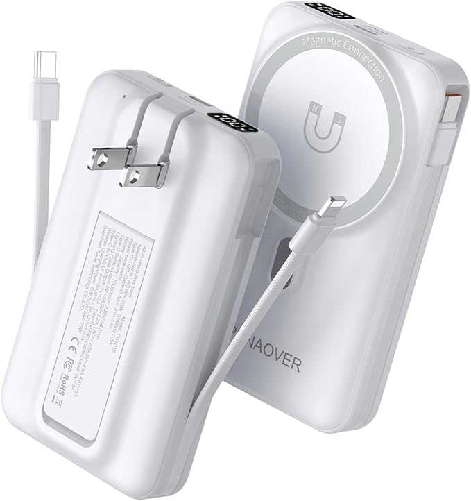 for Magsafe Magnetic Portable Charger, 10000mAh Wireless Power Bank with Built-in Cable & AC Wall Plug, Battery Pack PD 22.5W with Stand, LED Display for iPhone 17/16/15/14/13 Series, Samsung, Pixel
