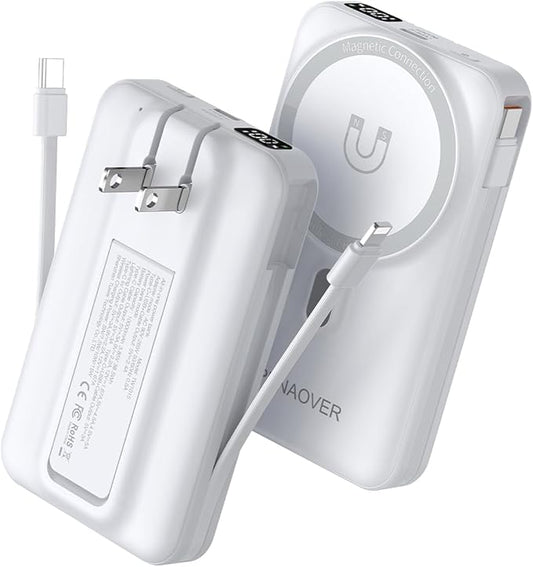 for Magsafe Magnetic Portable Charger, 10000mAh Wireless Power Bank with Built-in Cable & AC Wall Plug, Battery Pack PD 22.5W with Stand, LED Display for iPhone 17/16/15/14/13 Series, Samsung, Pixel