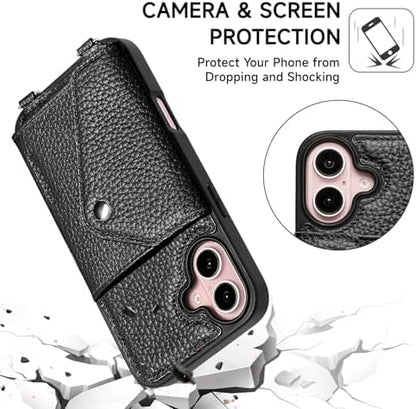 LUCKYCOIN for iPhone 16 Crossbody Wallet Case – Genuine Leather Phone Purse with Adjustable Strap and Card Holder,Lanyard Phone Purse Case for Women,Pebble Grain Black