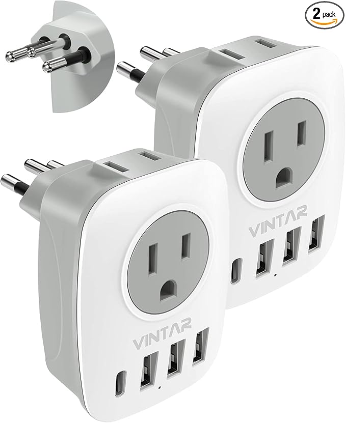 2 Pack Brazil Adapter Plug,VINTAR Type N Plug Adapter with 1 USB C,3 USB Ports and 2 American Outlets,6 in 1 Brazil Power Adapter for US to Brazil