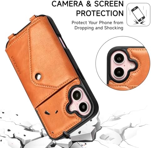 LUCKYCOIN for iPhone 16 Crossbody Wallet Case – Genuine Leather Phone Purse with Adjustable Strap and Card Holder,Lanyard Phone Purse Case for Women,Vintage Brown