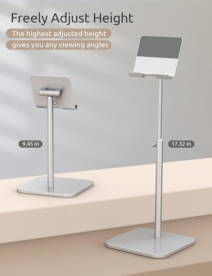 Tablet Stand Height Angle Adjustable, Eye-Level Desktop iPad Stands Tablet Holder for Home Office, Cradle Dock for iPad Pro 12.9, Air Mini 4, Kindle, E-Reader, Nexus, iPhone (4-13'') Silver