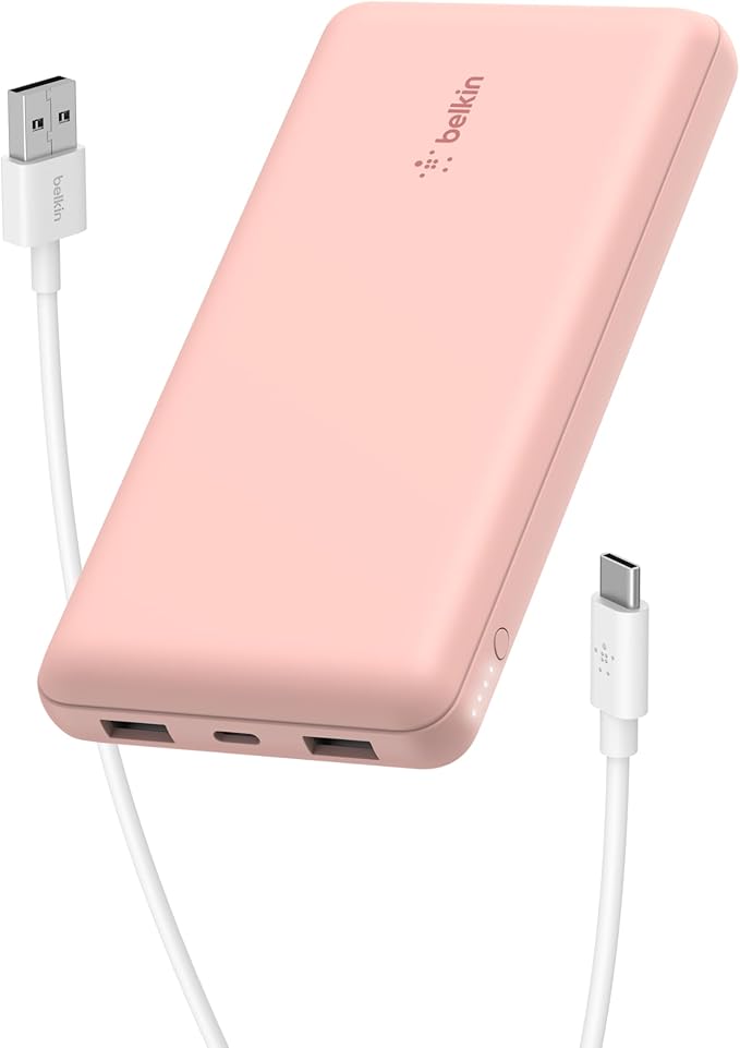 Belkin Portable Charger, USB C Power Bank 20000 mAh w/ 1xUSB-C Port & 2xUSB-A Ports, 15W w/ Type-A to Type-C Cable - iPhone 17, Air, Pro, Pro Max, Samsung Galaxy S25, Google Pixel 10, etc. - Rose Gold