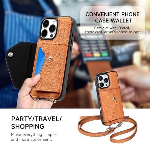 LUCKYCOIN for iPhone 16 Pro Max Crossbody Wallet Case – Genuine Leather Phone Purse with Adjustable Strap and Card Holder,Lanyard Phone Purse Case for Women,Pebble Grain Brown