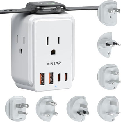 Universal Travel Adapter Kit for Apple Watch Charger, VINTAR International Power Adapter with 3 AC Outlets 4 USB Ports (2 USB C), Type A/B/C/D/G/I/M Detachable Plugs, US to Europe/UK/India/Africa