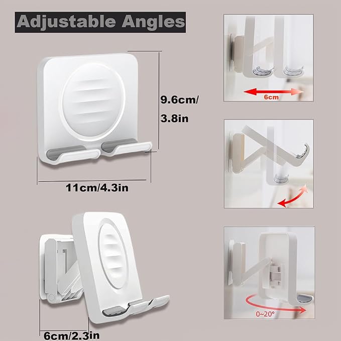 Shower Phone Holder, Wall Mount Cellphone Stand with 3pcs Adhesive Pads, Adjustable & Portable Mirror Smartphone Wall Holder, Desktop Phone Mount Stand for Bathroom Bedroom Kitchen or Dorm
