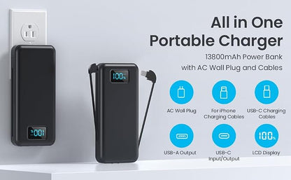 Portable Charger for iPhone with Built in Cables & Wall Plug,10800mah Travel Essentials Power Bank,4 Output LCD Display External Battery Pack Phone Charger for iPhone 17/16/15/14,Galaxy,Android etc