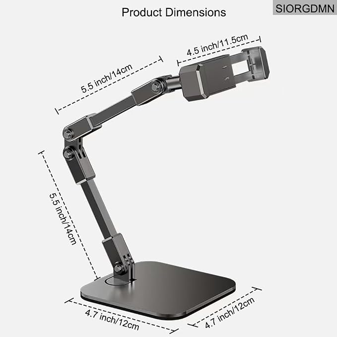 Overhead phone stand for Video Recording on desk,Adjustable Smartphones holder,Articulating Arm Stand with Base, Flexible Cell Phone mount for Live Streaming, filming,Painting Lighting ooking (Black)