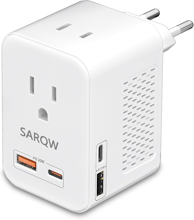 220V to 110V Voltage Conversion Plug Adapter for Traveling from USA to Europe with 2 USB and 2 USBC Ports PD 20 W, 2 AC Outlets International Power Adapter