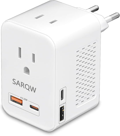 220V to 110V Voltage Conversion Plug Adapter for Traveling from USA to Europe with 2 USB and 2 USBC Ports PD 20 W, 2 AC Outlets International Power Adapter